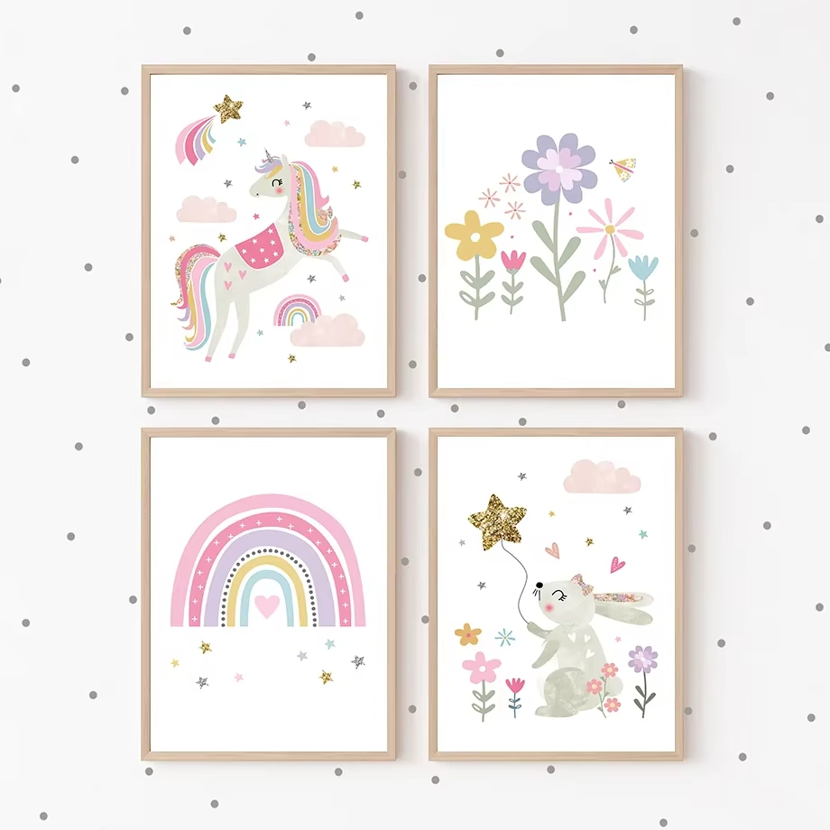 Baby Unicorn Nursery - Różowy Jednorożec Królik Tęcza Chmura Kwiat