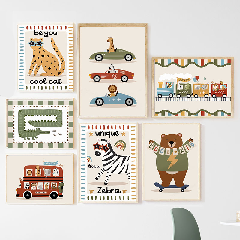 Baby Nursery Pictures - Zabawne Kreskówkowe Zwierzęta Samochód Autobus Obraz