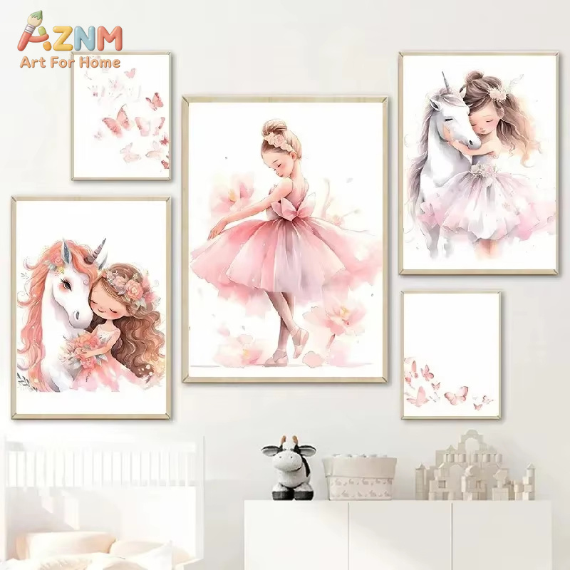 Baby Unicorn Nursery - 1 szt., Różowy Plakat z Baletniczką,
