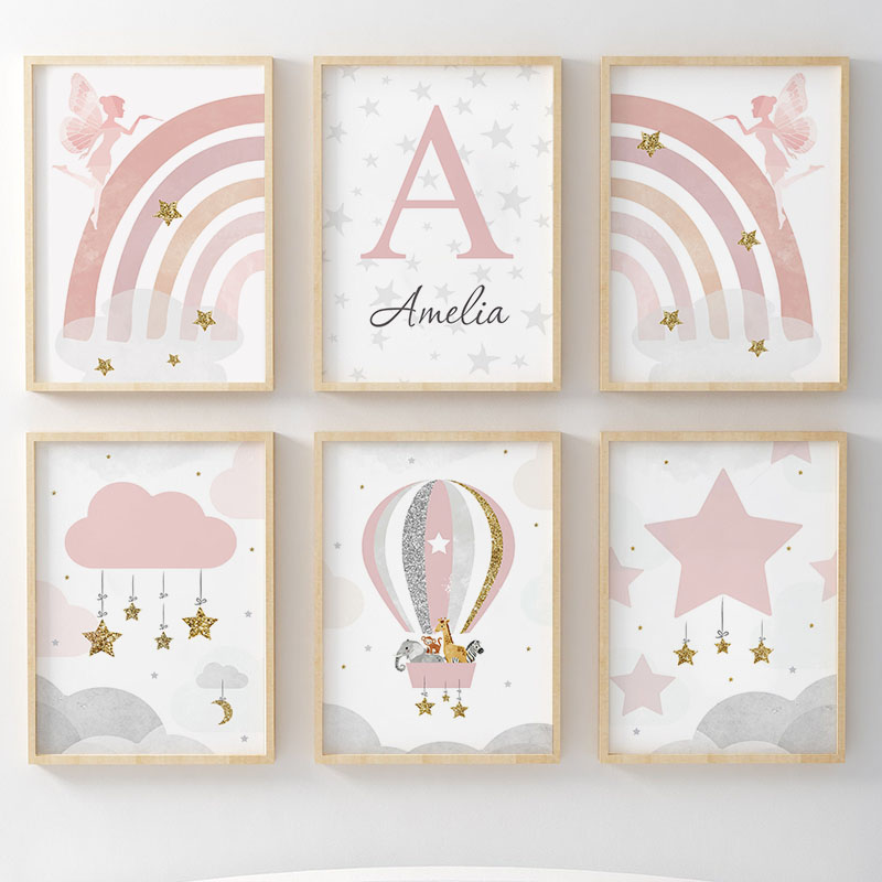 Baby Nursery Pictures - Różowy Aniołek Dziewczynka Tęcza Obraz na