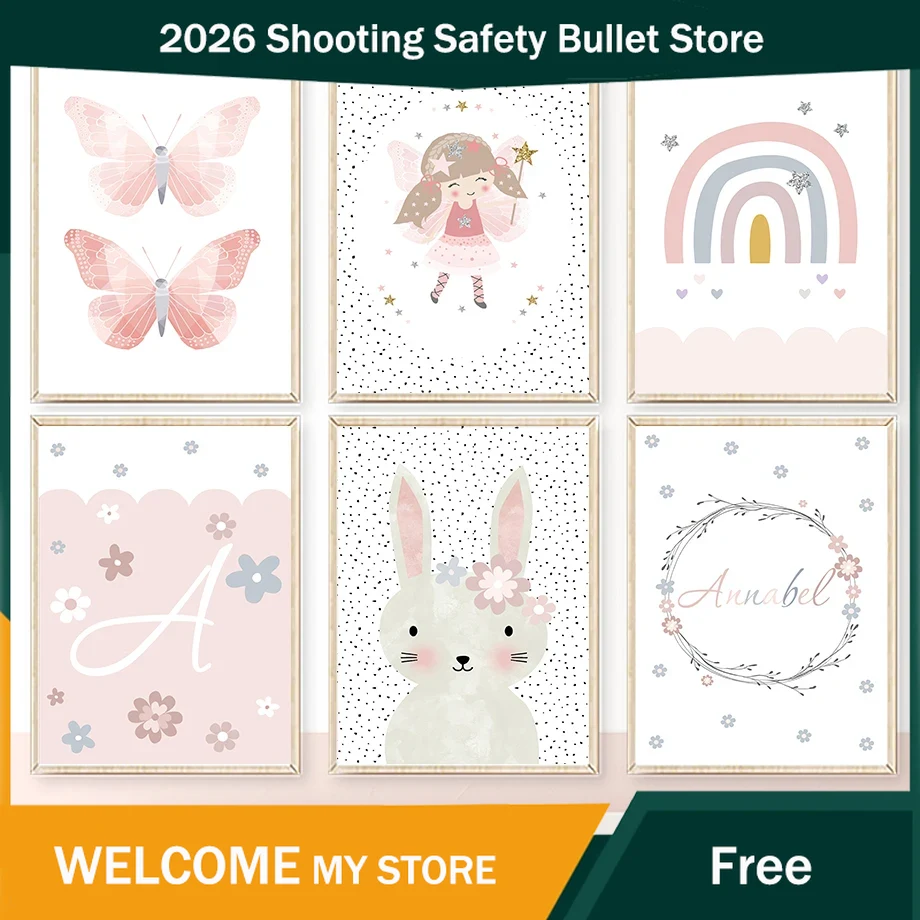 Baby Nursery Pictures - Urocza Dziewczynka Królik Kwiat Motyl Tęcza