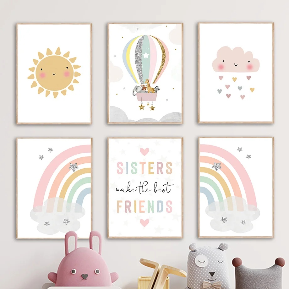 Baby Nursery Pictures - Żyrafa Słoń Balon Słońce Tęcza Plakaty