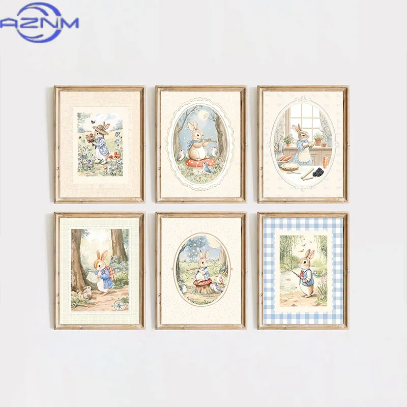 Baby Nursery Vintage Decor - AZNM Vintage Boho Niebieska Krata Królik