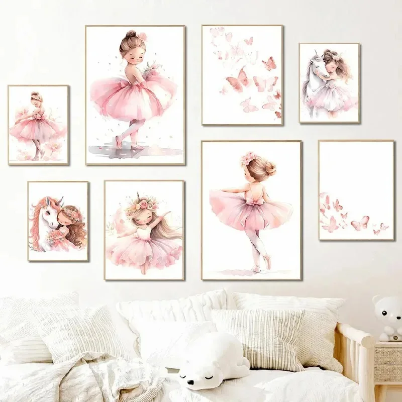 Baby Unicorn Nursery - Różowy Plakat z Baletniczką, Jednorożcem i