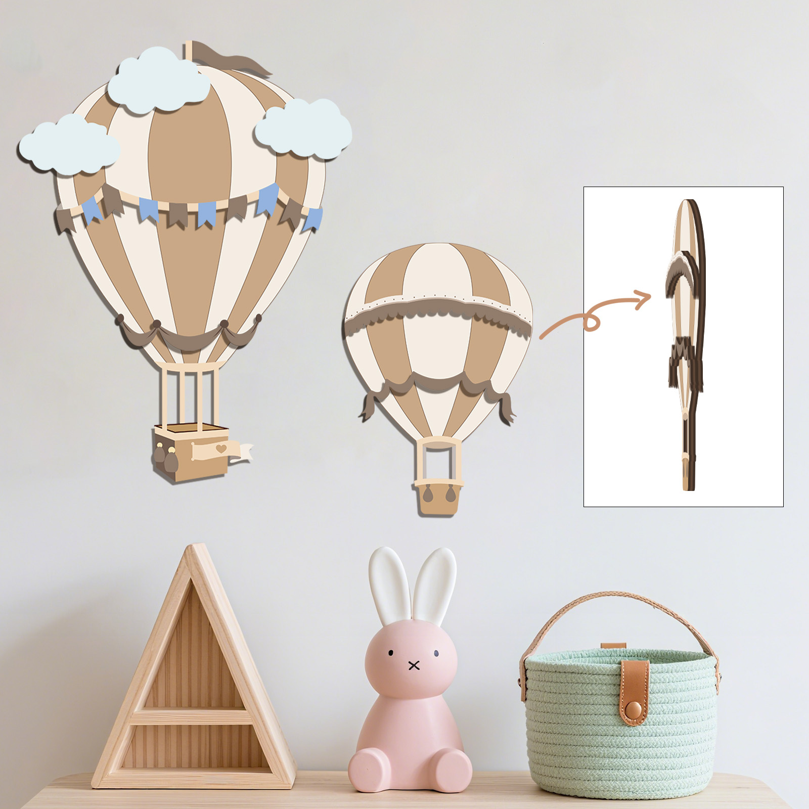 Baby Nursery Hot Air Balloon - Neutralny drewniany wystrój ścienny z motywem