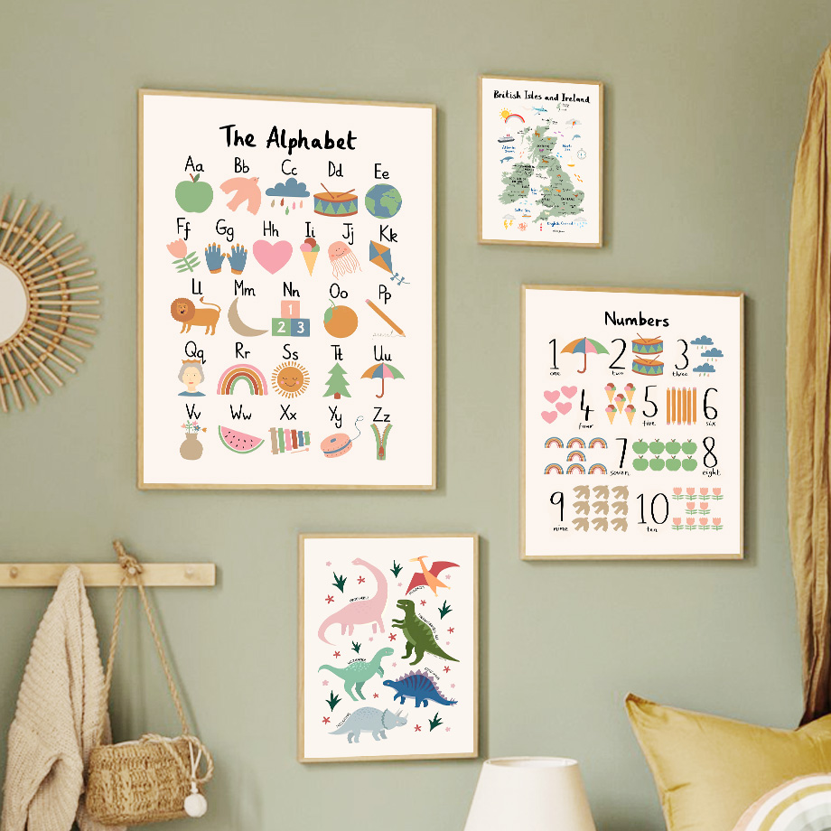 Baby Nursery Pictures - Mapa Świata Zwierząt Alfabet Dinozaurów Cyfry
