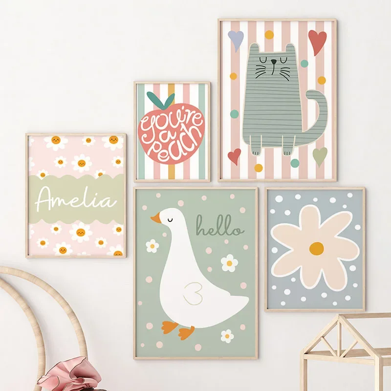 Baby Nursery Pictures - Kreskówkowy Kot Kaczka Ptak Jabłko Personalizowane