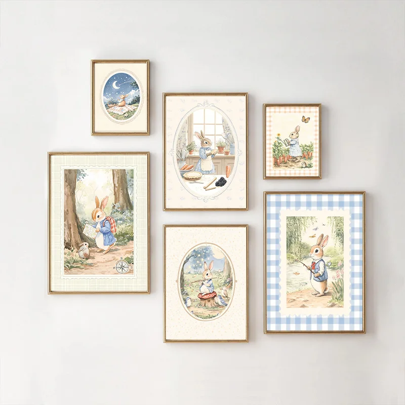 Baby Nursery Vintage Decor - Vintage Boho Niebieska Krata Królik Inspirowany