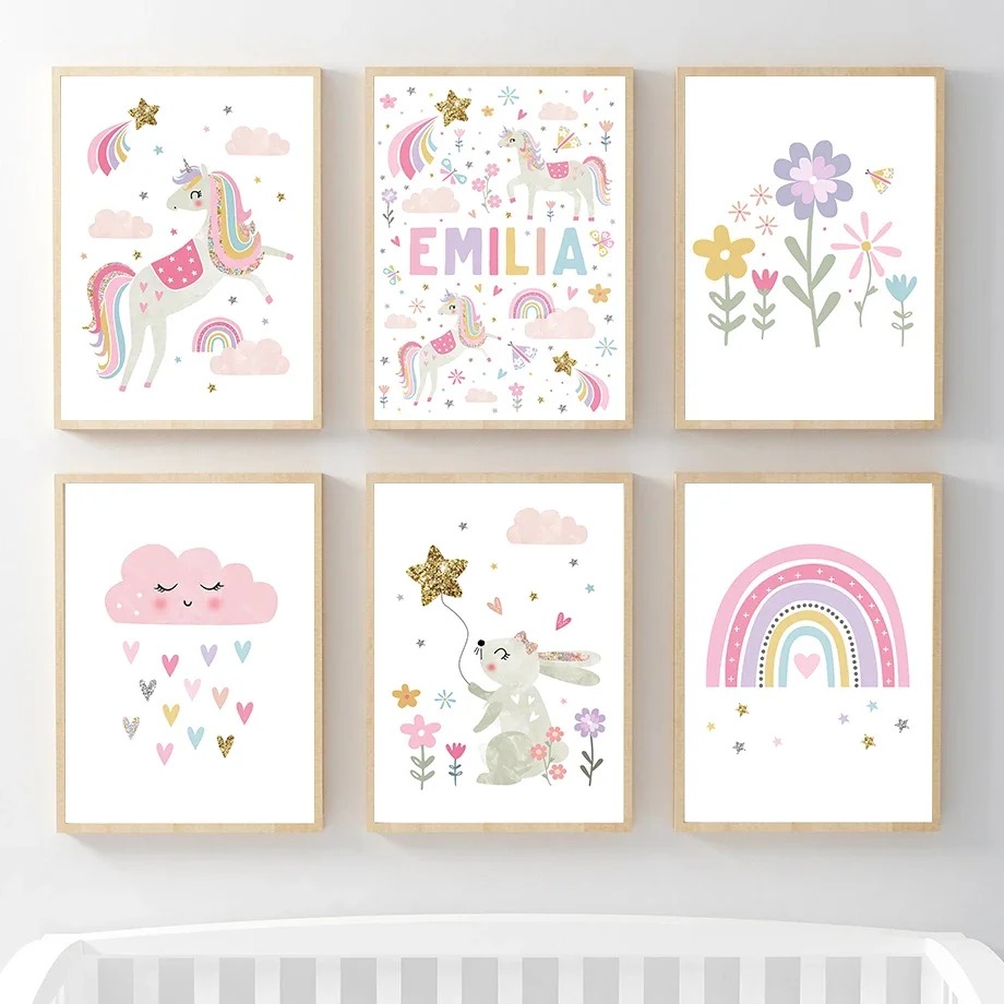 Baby Unicorn Nursery - Tęcza Chmura Kwiaty Pokój Dziecięcy Różowy