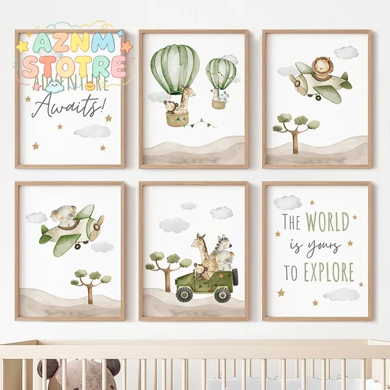Baby Nursery Hot Air Balloon - Plakaty ze zwierzętami w balonach na