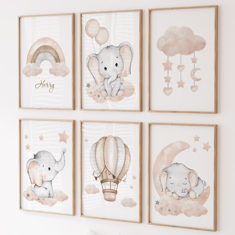 Baby Nursery Pictures - Cute Elephant Hot Balloon Moon Rainbow