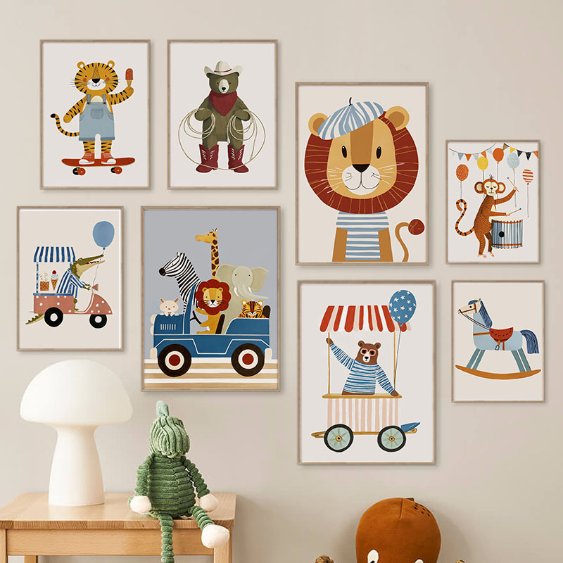 Baby Nursery Art - Zabawne Kreskówkowe Zwierzęta Samochód Balon Sztuka