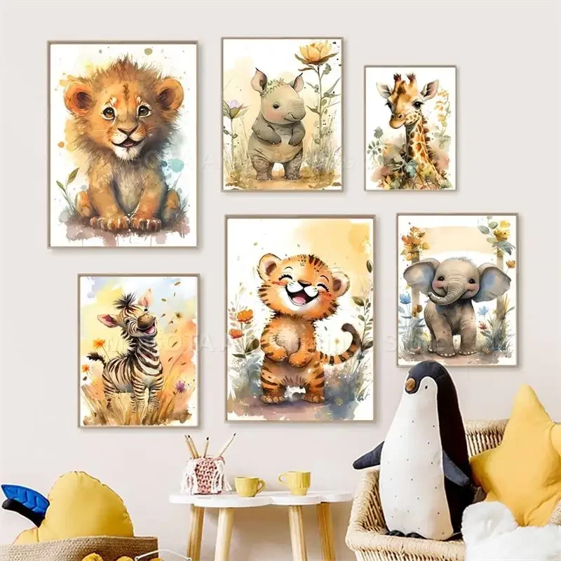 Akwarela Lew Żyrafa Tygrys Sło – Baby Nursery Pictures recenzja i cena