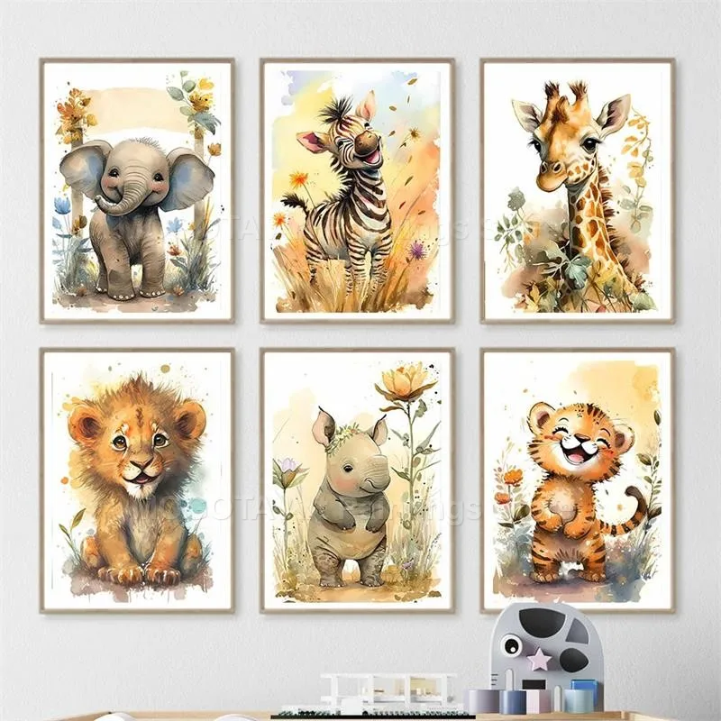 Akwarela Lew Żyrafa Tygrys Sło – Baby Nursery Pictures recenzja i cena
