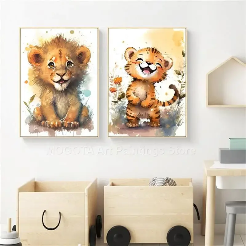 Akwarela Lew Żyrafa Tygrys Sło – Baby Nursery Pictures recenzja i cena